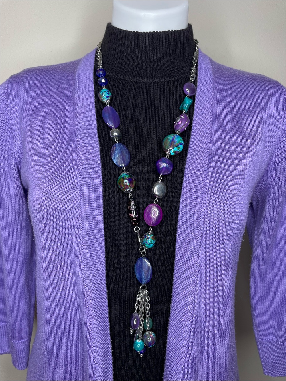 Chico's Purple and Teal Beaded Long Pendant Necklace with Silver-tone Hardware